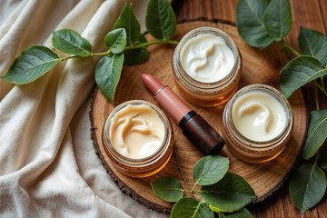 Natural skincare and makeup flat lay with cosmetic creams and lipstick on wood, eco friendly cosmetics concept