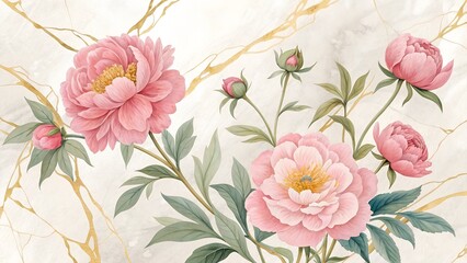 Floral wallpaper with pink peonies and marble gold background. Elegant peony mural for luxury wall decor. Watercolor style botanical illustration print with blooming flowers.