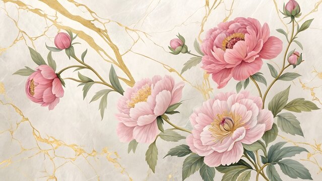 Floral wallpaper with pink peonies and marble gold background. Elegant peony mural for luxury wall decor. Watercolor style botanical illustration print with blooming flowers. - Powered by Adobe