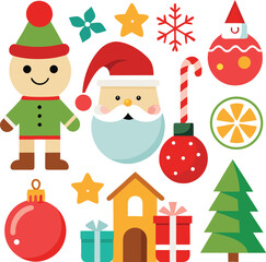 Obraz premium Vector art of collection of festive christmas icons including santa claus, elf, christmas tree, ornaments, gifts, and snowflakes, all isolated on a for easy use in holiday designs