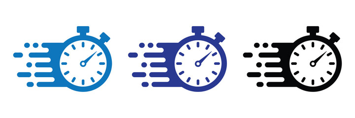 Three stylized stopwatch icons with motion blur effects, representing speed and time, isolated on a white background