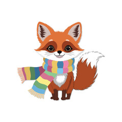 Obraz premium Cute cartoon fox wearing a colorful striped scarf in winter illustration