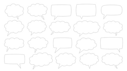 Collection of diverse speech bubble outlines and shapes in a clean silhouette style for communication and thought bubbles