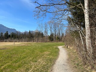 Walking, sports and recreation trails around lake Lauerz (Lauerzersee) in the valley basin of Schwyz, Switzerland (Schweiz)