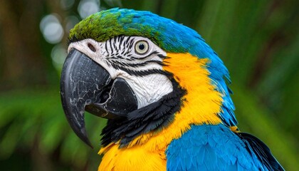 Vibrant BlueandYellow Macaw Parrot CloseUp in Lush Green Tropical Foliage.