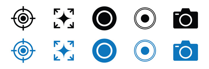 Set of five icons including target, expand, circle, and camera in black and blue, isolated on white background