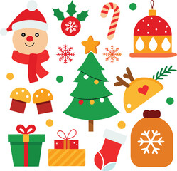 Fototapeta premium Vector art of a vibrant collection of christmas symbols including a santa claus head, decorated tree, stocking, gifts, candy cane, and ornaments, all isolated on a