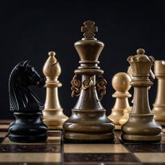 Chess pieces on a board, strategic position