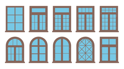 Collection of various architectural window styles and designs in a flat silhouette illustration style silhouette