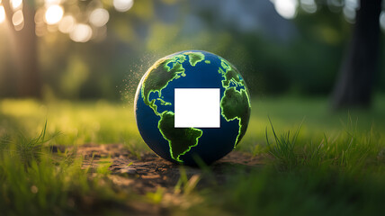 A globe resting on grass in a sunlit forest, symbolizing Earth and nature