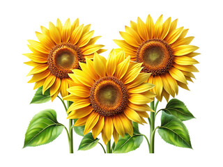 Obraz premium Three vibrant sunflowers in full bloom with lush green leaves on white background
