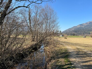 Walking, sports and recreation trails around lake Lauerz (Lauerzersee) in the valley basin of Schwyz, Switzerland (Schweiz)