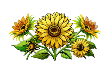 Vibrant sunflowers in full bloom with lush green leaves illustration