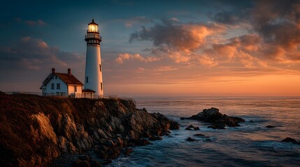 Naklejka premium Majestic lighthouse on a rocky coast at sunset, its bright light shining over the ocean as the sky glows in gradients of orange, yellow, and blue.