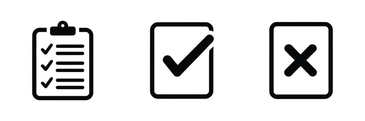 Fototapeta premium Three icons representing a checklist, a checkmark, and a cross isolated on white background