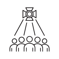 Stage spotlight line icon vector. Simple outline symbol for a show, concert, and performance. Minimalist theater glyph with crowd silhouette for entertainment design.
