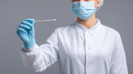Fototapeta premium Medical professional holding a swab, wearing gloves and a mask, ready for testing.