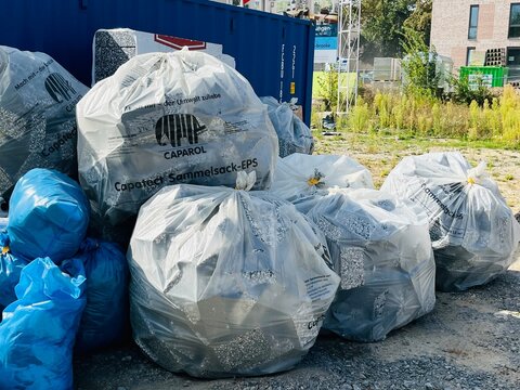Germany, Paderborn, September 24. 2025, Uncontaminated, single-type EPS construction site waste in a Capatec collection bag for polystyrene insulation boards