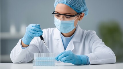 A scientist in a lab coat conducts an experiment with test tubes using a pipette.