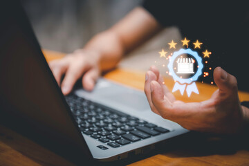 Certified business concept with quality assurance icon top of service in hand, representing trusted services and verified shops. Ideal for e-commerce, brand trust, or digital marketing visuals.