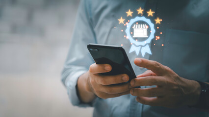 Certified business concept with quality assurance icon top of service in hand, representing trusted services and verified shops. Ideal for e-commerce, brand trust, or digital marketing visuals.