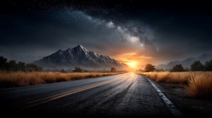 A desert highway under a starry sky, with motion blur emphasizing the vast emptiness. The Milky Way arcs over the road as it vanishes into the darkness.