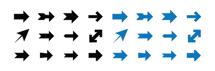 Collection of black and blue arrows set pointing in various directions, isolated on a white background