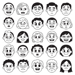 Cartoon Faces with Different Expressions Set