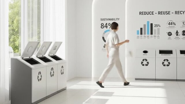 Woman Recycling Waste Sorting in Modern Eco-Friendly Facility with Bright Lighting and Informative Graphics