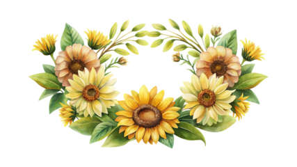 Watercolor Sunflower Wreath with Green Leaves and Twigs for Fall Decoration