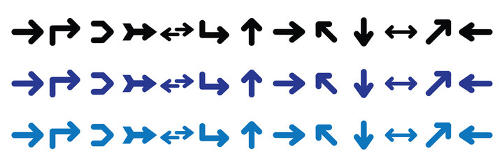 Collection of various directional arrows in black, dark blue, and light blue, arranged in three rows on a white background