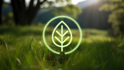 A glowing leaf symbol overlaid on a serene grassy field with trees and sunlight in the background.
