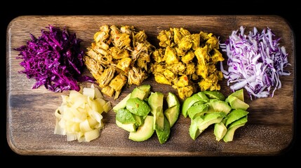taco. Vibrant taco ingredients arranged in a circular pattern on a rustic board, showcasing fresh and colorful components. menu design.