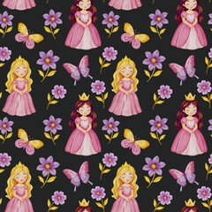 Princesses and Friends – watercolor seamless pattern
Repeating pattern featuring the full set of magical characters in gentle pastel colors.