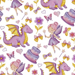Princesses and Friends – watercolor seamless pattern
Repeating pattern featuring the full set of magical characters in gentle pastel colors.