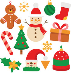 Fototapeta premium Vector art of a collection of festive christmas icons including a gingerbread man, snowman, christmas tree, candy cane, gift box, stocking, and ornaments, all isolated on a