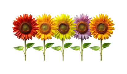 Five vibrant and creatively colored sunflowers stand in a row on white background