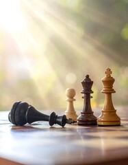 Chess pieces on a board with sunlight