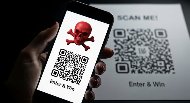Close-up of hand holding phone displaying QR code with skull and crossbones, alongside a printed QR code, illustrating online security risk and fraudulent schemes