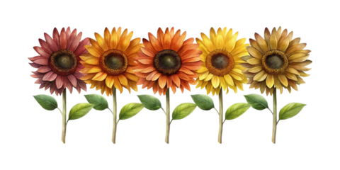 Five Watercolor Sunflowers in Varying Autumn Hues, a Floral Arrangement