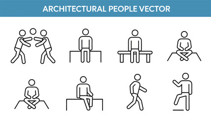 Collection of simplified architectural people icons in a clean line art silhouette style for design and illustration projects