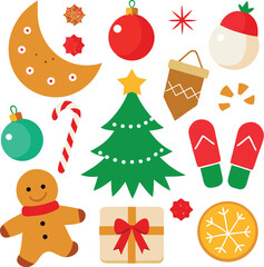 Vector art of a collection of festive christmas and holiday icons, including a gingerbread man, candy cane, christmas tree, ornaments, snowflakes, and gifts, all isolated on a