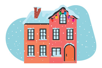 A snow-covered house decorated with garlands. Vector