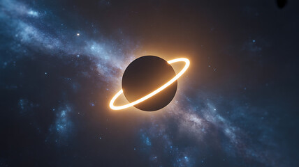 A ringed planet illuminated by a glowing ring against a starry cosmic background