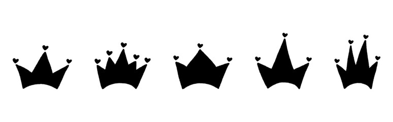 Crowns Icons Silhouette Set, Crown Symbol black silhouette vector illustration isolated on a background, Hand Drawn Royal diadem