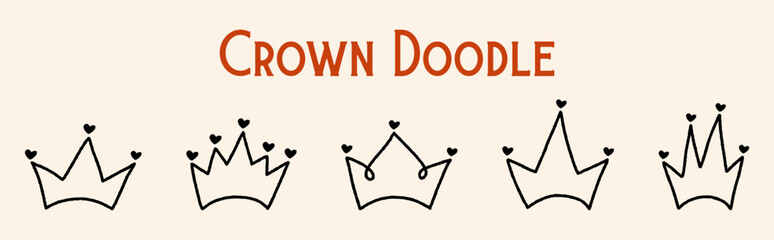 Crowns Doodle Set, Crown Line Art Scribble in Sketch Style Vector Illustration Isolated on a Background, Heads Tiara Hand Drawn Royal Diadem, King Queen Crowns Black Icons