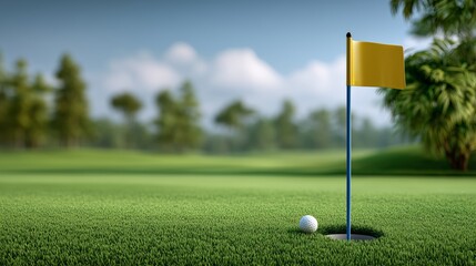 Obraz premium Golf putting green action shot outdoor course close-up view lush environment focus on hole flag and ball