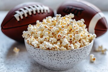 American football balls and bowl of popcorn on the table, close up