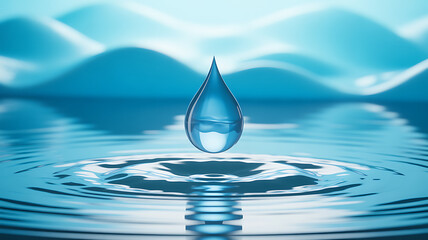 A single water droplet suspended above a calm surface, creating ripples in a serene blue environment.