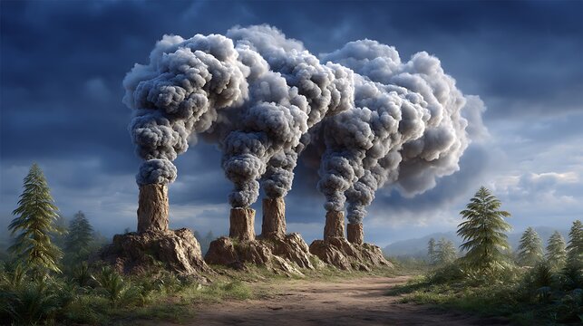 A time-lapse-style image of multiple smokestacks releasing synchronized plumes of smoke into a wind-swept sky. The patterns create a surreal, almost artistic display of environmental harm.